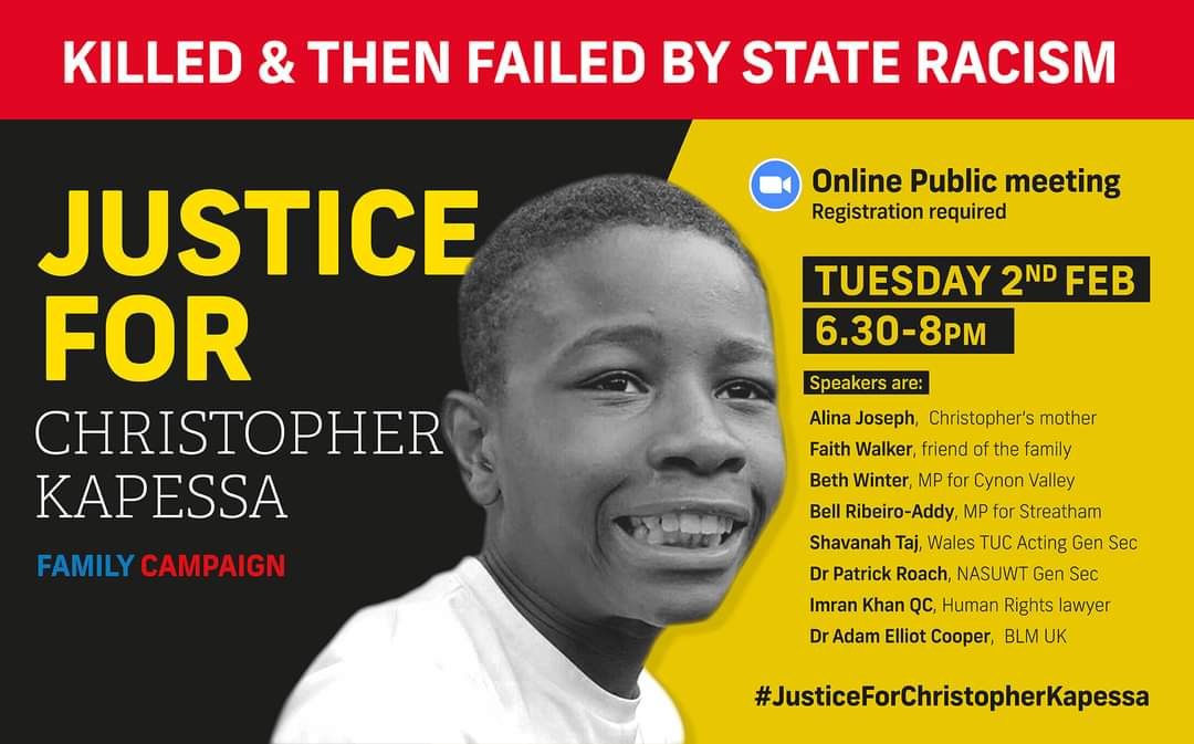 TOMORROW 2nd Feb
#ChristopherKapessa #SayHisName was a 13yr old boy who was pushed into a river in Cynon, and tragically died. He was then failed by state racism. 
✊🏽We need #JusticeForChristopherKapessa 
✊🏽Please join sign up here: bit.ly/3sUEAa7
#BlackLivesMatter