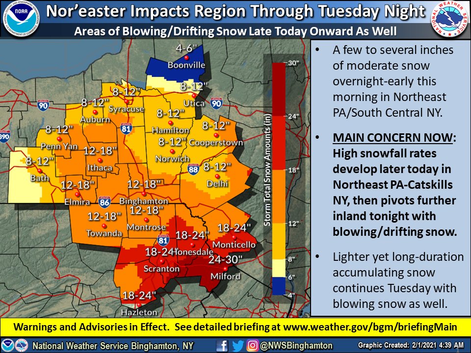NWSBinghamton's tweet image. Long-duration Nor'easter ongoing. For a detailed briefing, go to weather.gov/bgm/briefingMa… and click on the "book" icon. Higher snowfall rates develop today in NEPA-Catskills; then it works inland from there late today-tonight. Snowfall reports welcome! #pawx #nywx