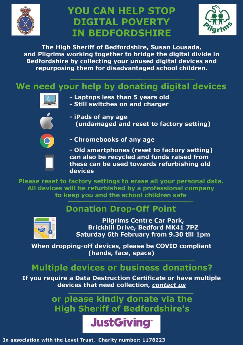 Susan Lousada DL (@susanlousada) on Twitter photo As many of you know, <a href="/BedsLearnLink/">Bedfordshire Learning Link</a> have set up multiple drop off points for your unused #digitaldevices across #Bedfordshire. This weekend, we have partnered with <a href="/PilgrimsPrePrep/">PilgrimsPrePrep</a> to facilitate a pop up drop off point. For more info bedfordshirelearninglink.com/drop-off-points #digitalpoverty As many of you know, <a href="/BedsLearnLink/">Bedfordshire Learning Link</a> have set up multiple drop off points for your unused #digitaldevices across #Bedfordshire. This weekend, we have partnered with <a href="/PilgrimsPrePrep/">PilgrimsPrePrep</a> to facilitate a pop up drop off point. For more info bedfordshirelearninglink.com/drop-off-points #digitalpoverty