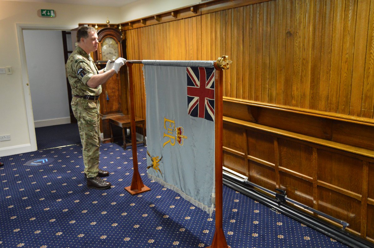 RAF_Regiment's tweet photo. Early this morning on the 79th anniversary of the formation of the RAF Regiment, Commandant General (RAF Regiment) Air Commodore Scott Miller inspected the Queen's Colour for the RAF Regiment in the Catterick Room, Officers' Mess @RAFHonington. #PerArdua #throughadversity https://t.co/QKshbTinlp