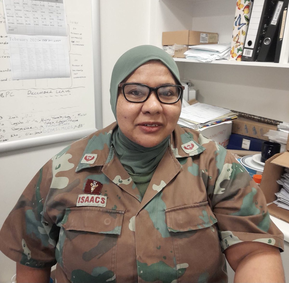 LRCSouthAfrica's tweet photo. Since the hijab is now accepted as part of SANDF’s dress code, this is how Major Isaacs reported to work for the first time today, three years after her struggle to change the Military’s Religious Dress Code Policy. https://t.co/Ca0G1n3SJg