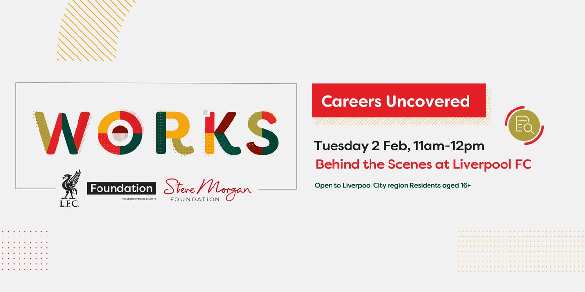 Join us for the next series of Works, Careers Uncovered!🔎🔴

🔻Tues 2nd Feb, 11am-12pm
🔻Hear from industry leaders from behind the scenes at <a href="/LFC/">Liverpool FC</a> about their career journeys.

Book now📲 lfcfoundation.eventbrite.co.uk

Funded by @stevemorganfdn ❤️