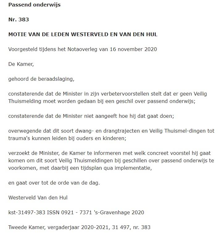 Deze motie van <a href="/Lisawesterveld/">Lisa Westerveld 🟥</a> en @kirstenvdhul is aangenomen nav de 25 verbeterpnt #PassendOnderwijs
Als ouders willen wij een meldpunt #VeiligeSchool waar we wanpraktijken kunnen melden en waar er onafhankelijk onderzoek gedaan wordt!
#onderwijsaffaire 

onderwijsaffaire.nl