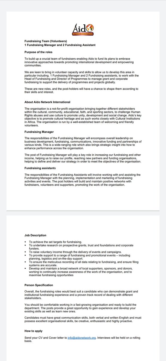 Aido Recruitment Drive
2 Fundraising Assistance needed. (Volunteer) 

Apply by sending your CV and Cover letter to info@aidonetwork.org.