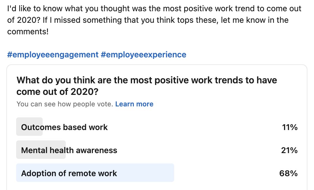 An interesting insight from our network on the most positive work trends to have come out of 2020. #employeeengagement #employeeexperience #remotework