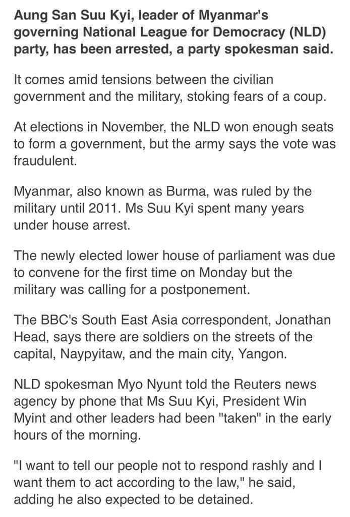 bobby_myanmar's tweet photo. Please help spread the news❗
We want the world know what is happening in Myanmar!! Military coup in progress in Myanmar. Aung San Suu Kyi and others have been arrested.People in Myanmar really need all of your help. 

#SaveMyanmar
#Save_Burma 
#Reject_the_Military https://t.co/j0YUzgDbtN