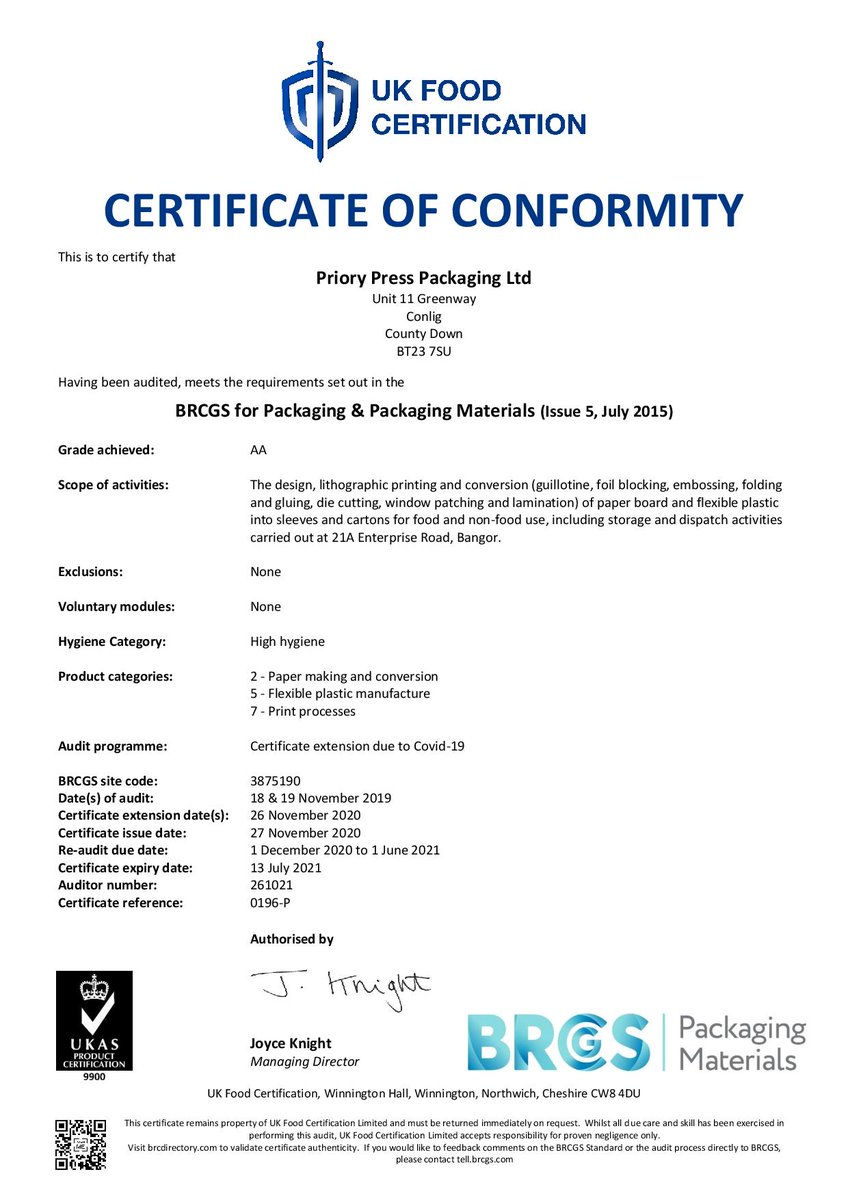Check out our most recent Certificate of Conformity! This certifies that Priory Press Packaging meets the BRCGS standard for Packaging &amp; Packaging Materials.