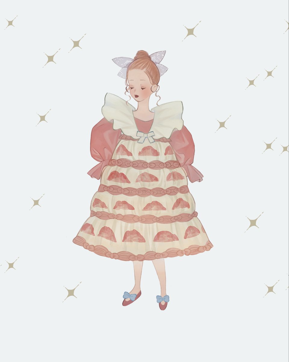 1girl solo dress closed eyes bow puffy sleeves full body  illustration images