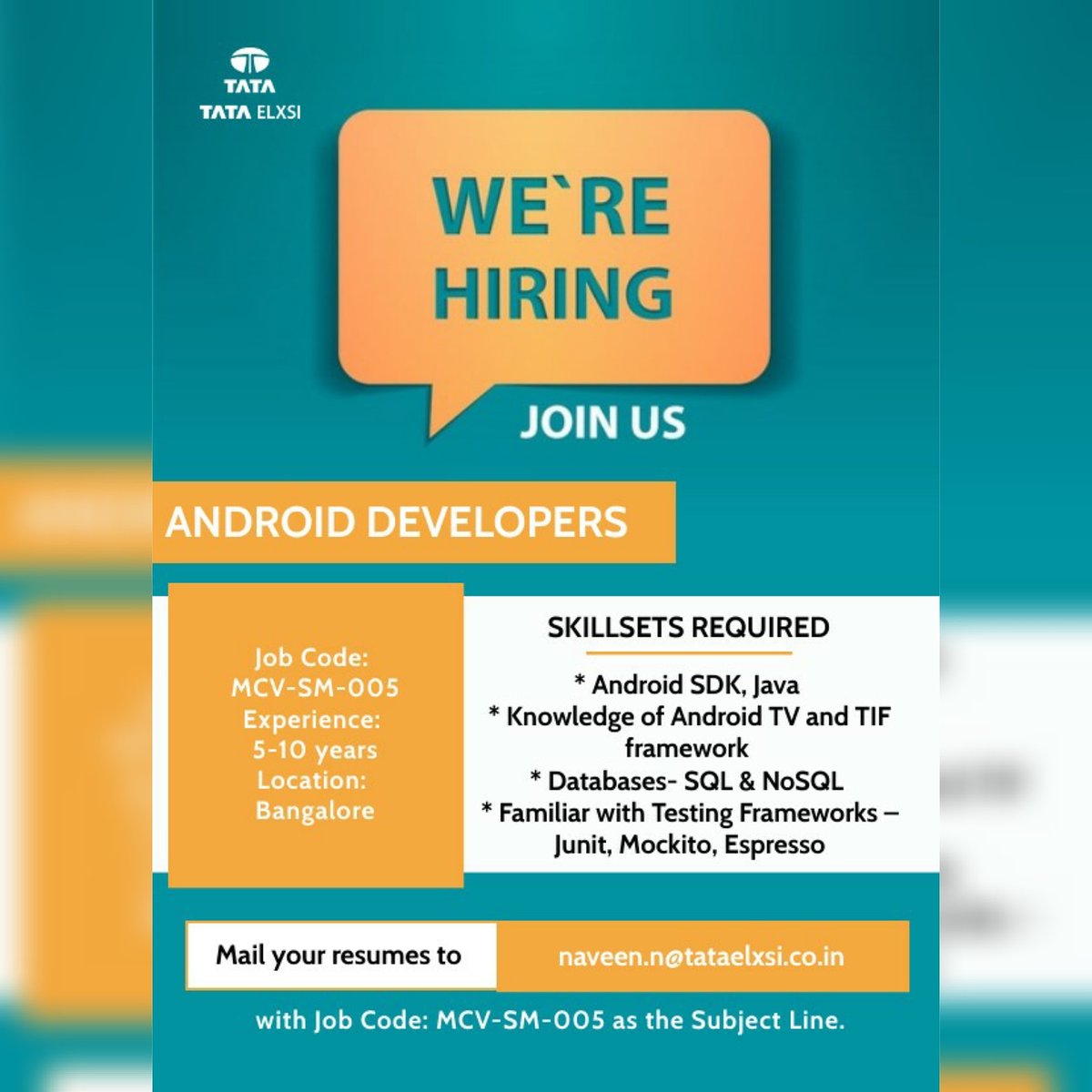 tataelxsi's tweet image. We are Hiring!
For information about jobs in Tata Elxsi, please visit lnkd.in/gusxd-j
#android #androiddevelopers #androidsdk #mobileprogramming #embedded #joblistings #hiring #recruitment #jobsearch #recruiting #careers #nowhiring