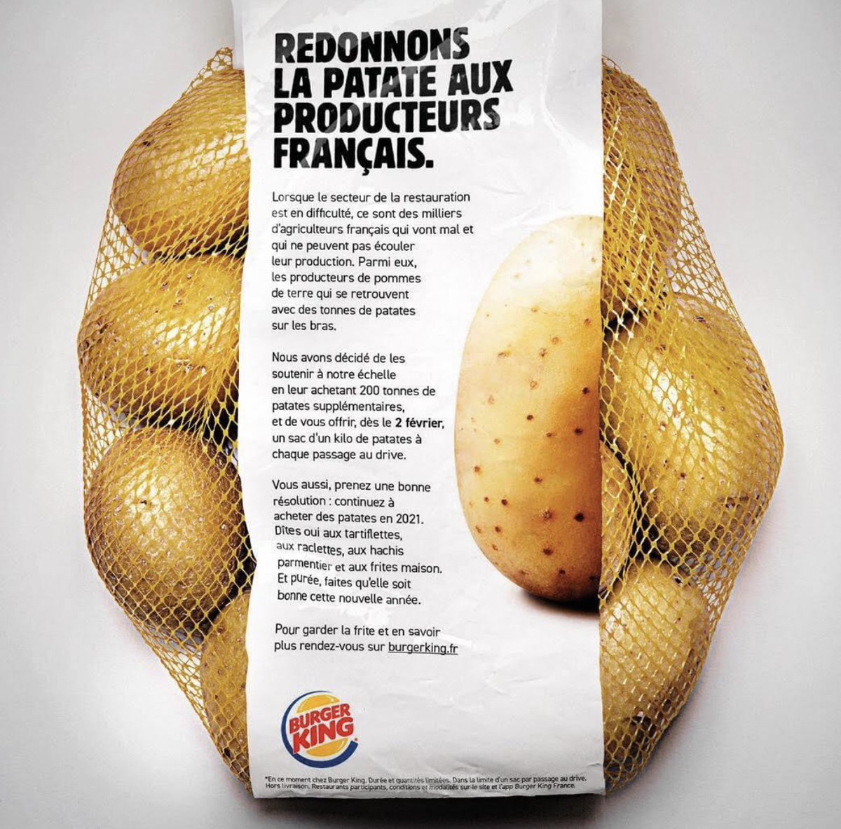 🍔 FLASH - Burger #King va offrir 1 kilo de pommes de terre à chacun de ses clients au drive à partir de demain, afin de soutenir les producteurs des Hauts-de-France. (communiqué)