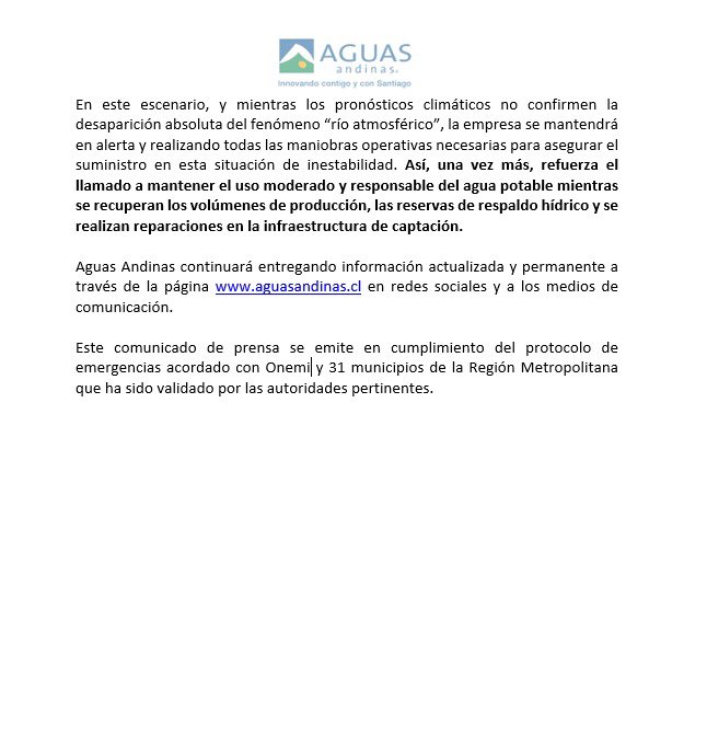 aguas_andinas's tweet photo. [1 de febrero 7:20 horas] ¡ATENCIÓN! Descartamos suspensión de servicio esta mañana, pero nos mantenemos en Alerta Amarilla. Se recuperan paulatinamente plantas que se abastecen del río Maipo, pero aún está pendiente la reanudación de las que dependen del río Mapocho. https://t.co/TxWYSWcdPs