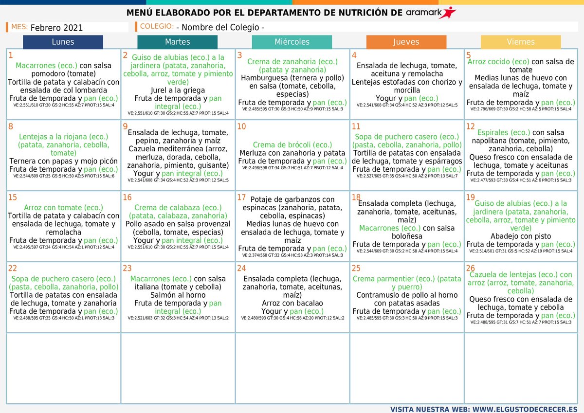 Menú comedor febrero