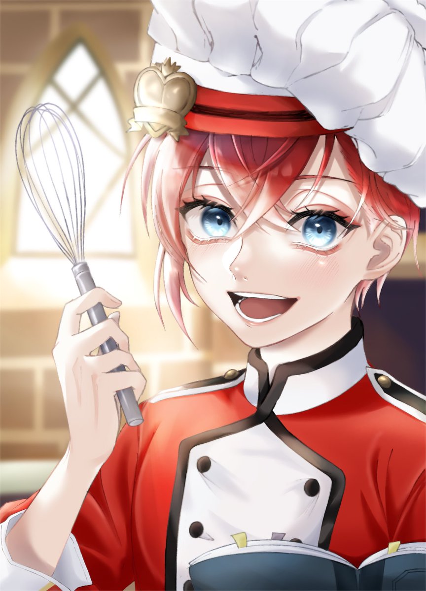 chef hat hat blue eyes whisk red hair 1boy open mouth  illustration images