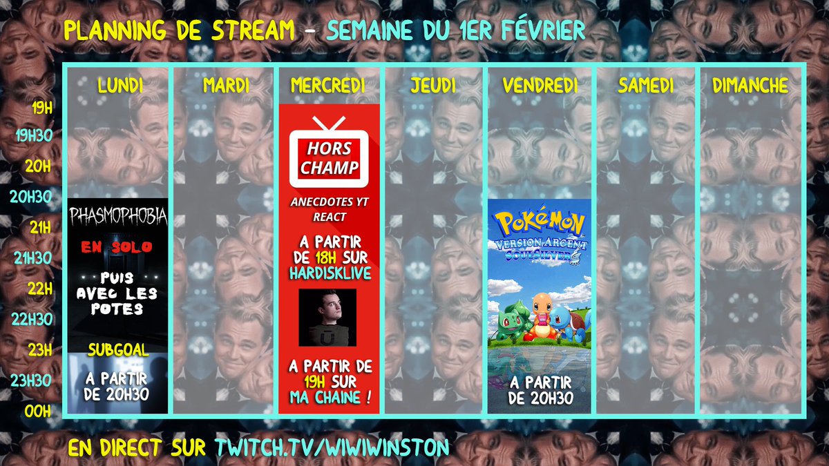 Planning de la semaine ! Avec une soirée spéciale "Hors Champ" mercredi qui commence à 18h sur twitch.tv/hardisklive et qui continuera sur ma chaine !