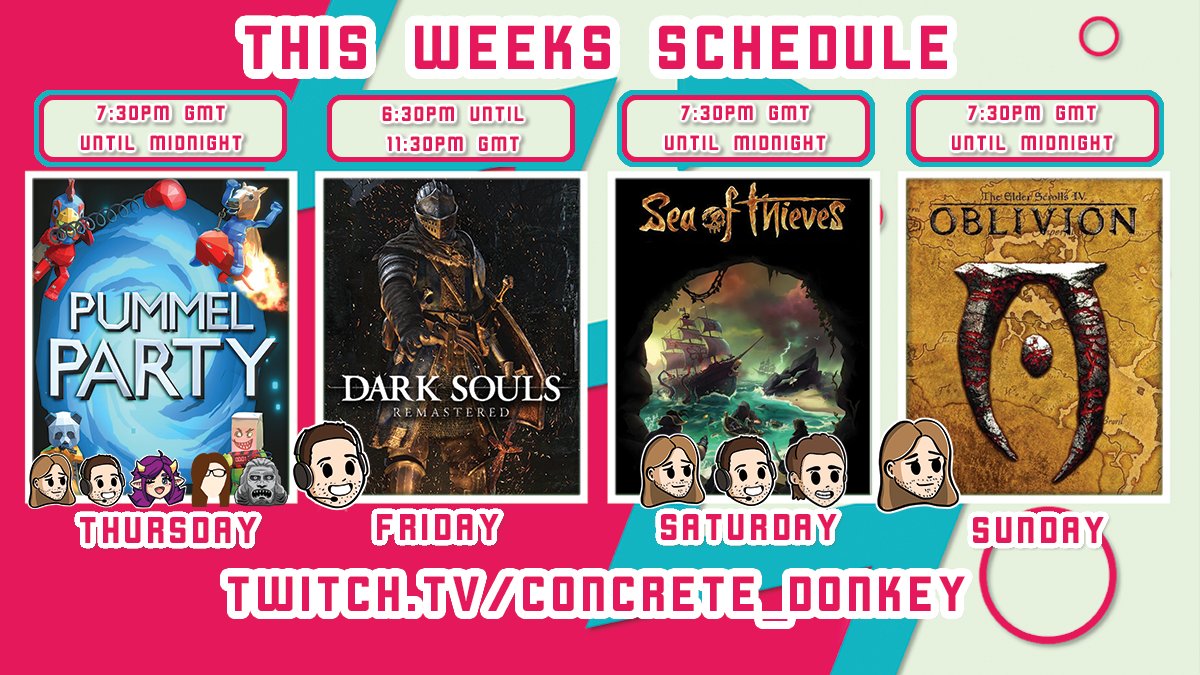 ConcreteDonkey's tweet photo. Theres BIG changes in this weeks schedule! Retro Mondays is on Fridays, We've added a 'Community Stream' night and Dieters playing Oblivion <3 Can't wait to see you all there Bakers! 🧑‍🍳👨‍🍳👩‍🍳 https://t.co/JuXAXy84Rl