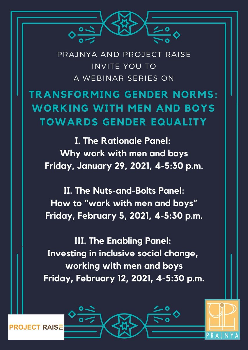 prajnya's tweet photo. Coming up this Friday, is the second of our three part webinar series, Transforming Gender Norms, with @ecfindia #ProjectRaise. This Friday, panelists will showcase and share insights from their years of work with men and boys. https://t.co/NVYRejmrOy