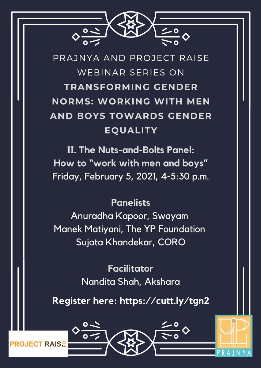 prajnya's tweet photo. Coming up this Friday, is the second of our three part webinar series, Transforming Gender Norms, with @ecfindia #ProjectRaise. This Friday, panelists will showcase and share insights from their years of work with men and boys. https://t.co/NVYRejmrOy