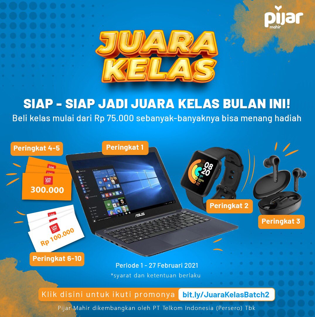 Pijarmahir's tweet photo. ๐ข๐ขGIVEAWAY๐ข๐ข
Sob, ada hadiah total jutaan rupiah di promo Juara Kelas buat 10 orang teratas. Buruan deh pada ikutan. Caranya beli kelas apa aja di Pijar Mahir dan isi data kamu di https://t.co/ULmP4M51tj Baca mekanisme selengkapnya sebelum ikutan ya!
#PijarMahir #JuaraKelas https://t.co/vsdoUnqT85