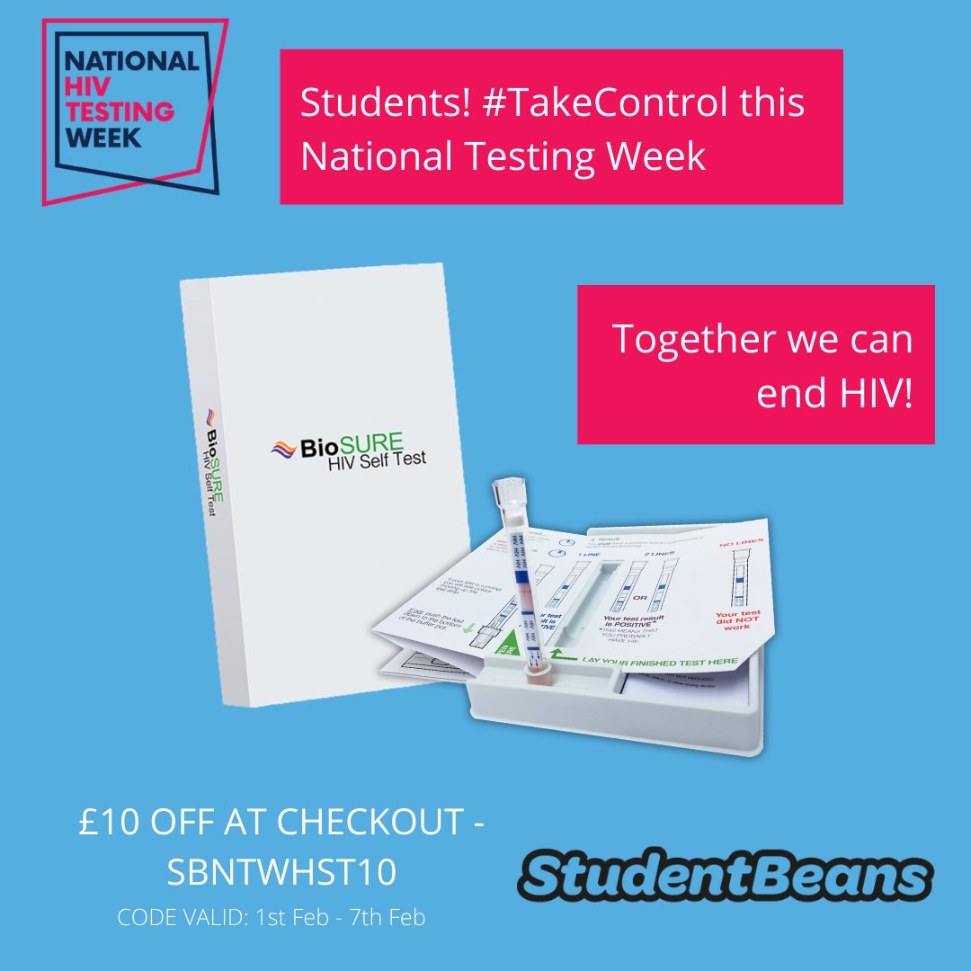 It’s National Testing week #HIVTestWeek. We are offering a special discount  to all our friends at Student Beans. Student members can claim £10 off every BioSURE HIV Self Test. Please make this week the week you #KnowYourStatus. #TakeControl and #TestatHome
