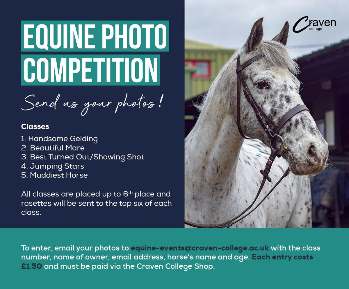 cravencollege's tweet photo. 🐴 Send us your photos! 🐴

📅Closing Date: 07 February 2021

- All entries need to be accompanied by a payment of £1.50 via the College online shop: https://t.co/6uGSuVJQ9V

- Email your entries to equine-events@craven-college.ac.uk https://t.co/XQkQLhcWg9