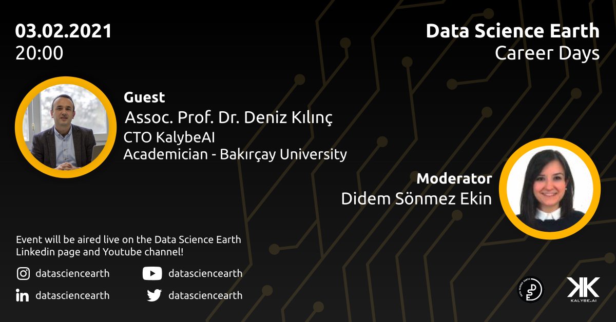 Kalybe.AI (@kalybeai) on Twitter photo Our CTO <a href="/denizkilinc/">Prof. Dr. Deniz Kılınç</a> will answer the questions at DataScienceEarth.
- What is the demand for Data Engineer and Data Scientist?
- How to decide on the right data science project?
- Why do not 80% of data science projects go live?
- What is Explainable Artificial Intelligence? Our CTO <a href="/denizkilinc/">Prof. Dr. Deniz Kılınç</a> will answer the questions at DataScienceEarth.
- What is the demand for Data Engineer and Data Scientist?
- How to decide on the right data science project?
- Why do not 80% of data science projects go live?
- What is Explainable Artificial Intelligence?