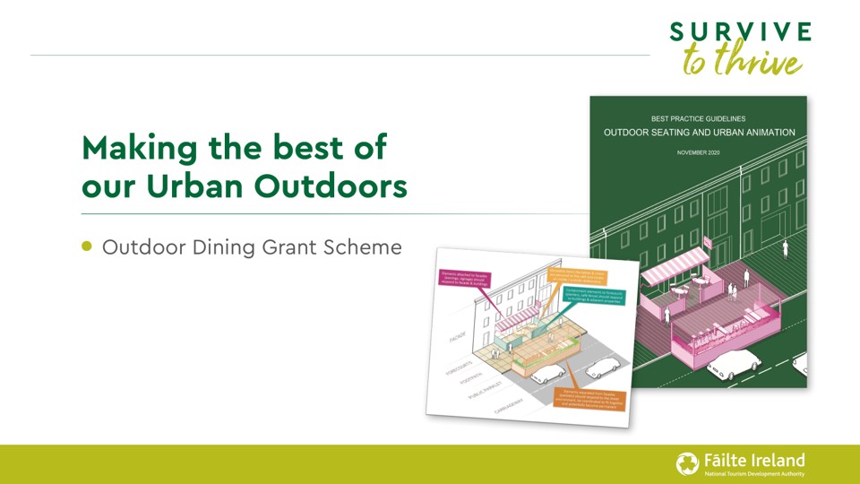 Failte_Ireland's tweet image. In 2021 @Failte_Ireland will focus on animating and improving the urban environment in our key hotspots, making them more appealing and reassuring to visitors through outdoor dining and urban animation schemes @PaulKeeley14 

#TourismTogether