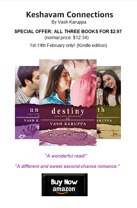 WildWolfPublish's tweet photo. Today until #ValentinesDay, the Keshavam Connections trilogy by @VashKaruppa is on sale for 99p/99c for each book (less than £3/$3 for all 3).
"A different &amp; sweet second-chance romance."
https://t.co/FD53Kj5L05 #romancereads #romanceseries #kindlesale #ebooksale #99centbooks https://t.co/bi4FVpNHUK