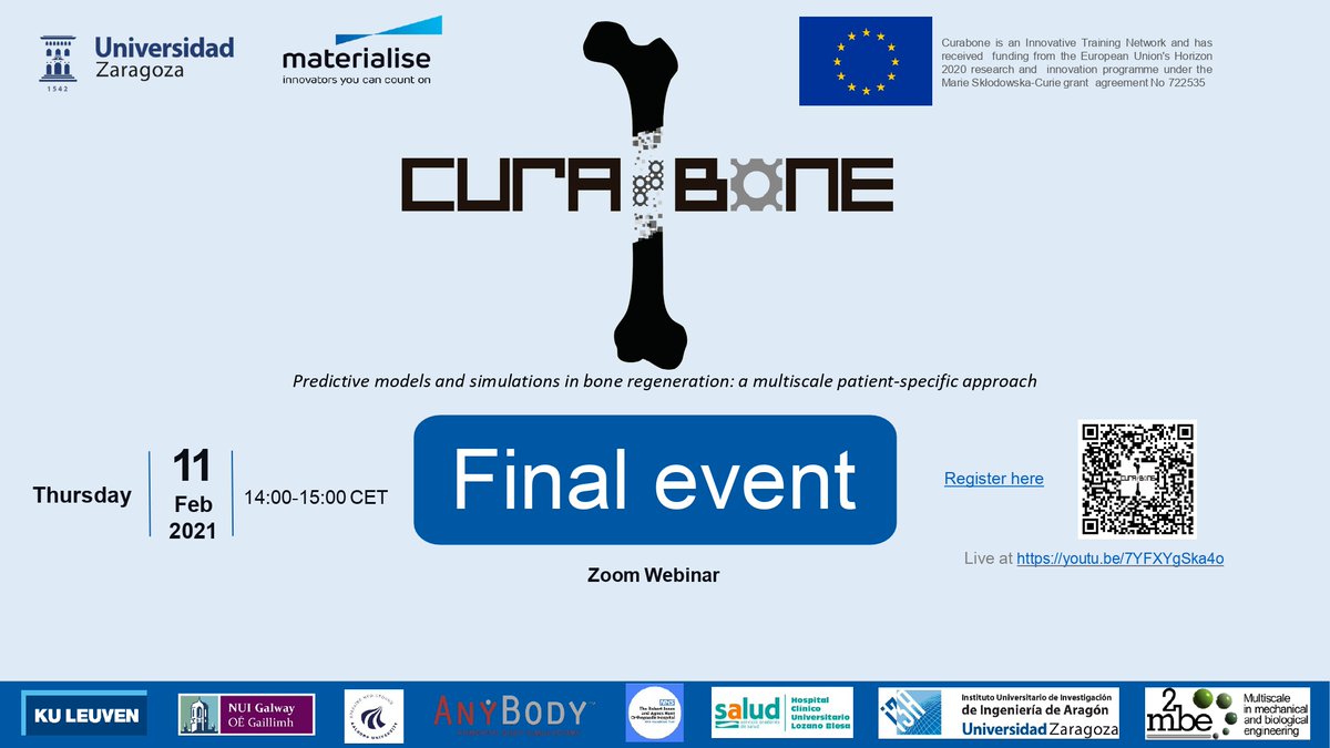 #SavetheDate
El proyecto <a href="/curabone/">CuraBone - Innovative Training Network</a> del grupo <a href="/M2BE_I3A/">M2BE-I3A</a> ha organizado este #FinalEvent en el que compartirán resultados y escucharemos a los 5 estudiantes que han participado.
📝Inscripciones bit.ly/36Na9JR
➡️Y en Youtube youtu.be/7YFXYgSka4o
ℹ️ curabone.unizar.es