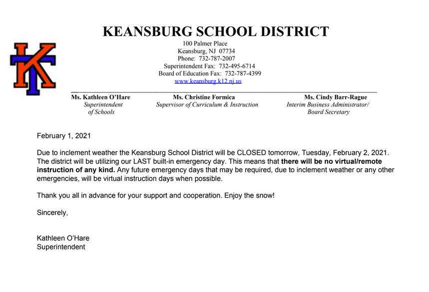 Please see Superintendent O'Hare's letter in reference to school closure for Tuesday February 2nd.