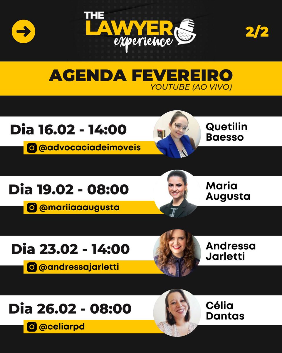 JRImperato's tweet photo. Agenda de FEVEREIRO Podcast ‘The Lawyer Experience’ 🗓

. 02/02 - Tulio Vianna
. 05/02 - Rodrigo Veríssimo
. 09/02 - Gabriel Rocha
. 12/02 - Gabriel Witchmichen
. 16/02 - Quetilin Baesso
. 19/02 - Maria Augusta
. 23/02 - Andressa Jarletti
. 26/02 - Célia Dantas https://t.co/JBS6ZcPfnv