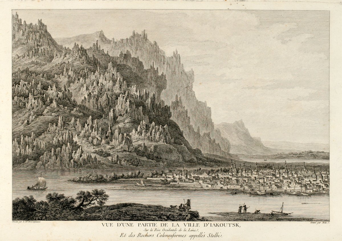 An 18th century view of Yakutsk with the Lena Pillars in the background ... In reality, this spectacular rock formation on the banks of the river Lena is located ca. 1500 km southward