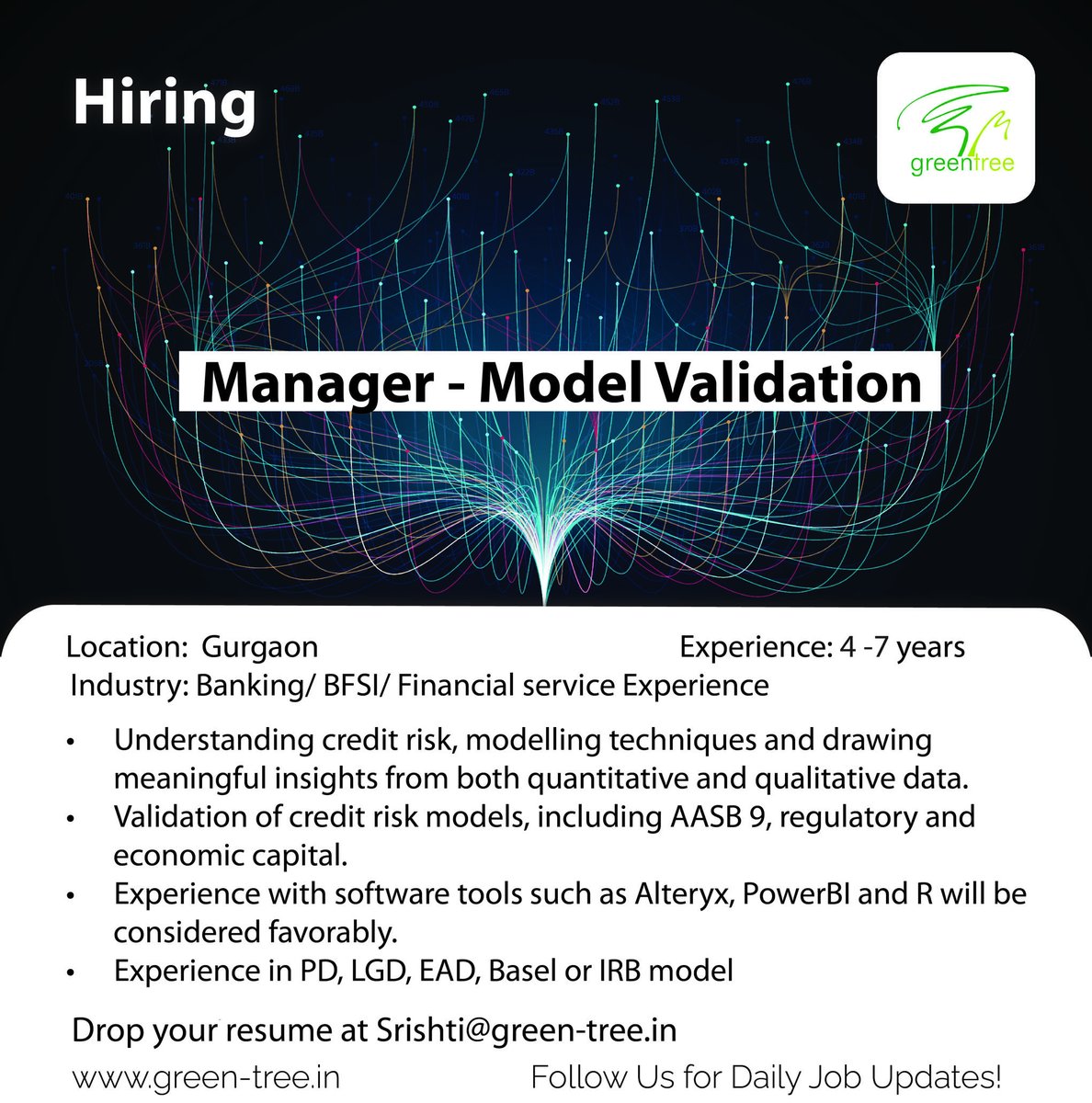 GreentreeLtd's tweet image. Manager- Model validation
Location: Gurgaon
Experience- 4-7 years
Send Resume: srishti@green-tree.in
#riskanalysis #riskmodel #irb #riskmanagement #financialmanagement #greentree #analytics #financejobs #dailyjobs #gurgaonjobs #bfsi
