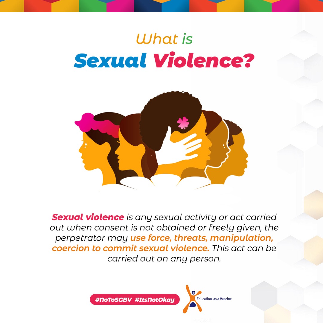 Today marks the beginning of sexual violence awareness week. Sexual violence is an ill predominant in Africa. It is any sexual activity or act carried out without consent. It may be as a result of force, threats, manipulation and coercion.  #NoToSGBV  #ItsNotOkay
