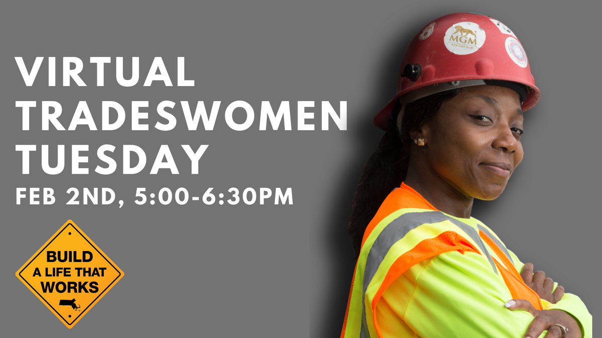 BuildALifeMA's tweet photo. Tradeswomen Tuesday Tomorrow!!
Are you a woman interested  in entering the building trades in MA? Join us at 5-6:30pm on zoom tomorrow to get info on career opportunities, hear from current Tradeswomen, get advice, etc.

Register here: https://t.co/OHV7lKCve0 https://t.co/ZY10opcOlo