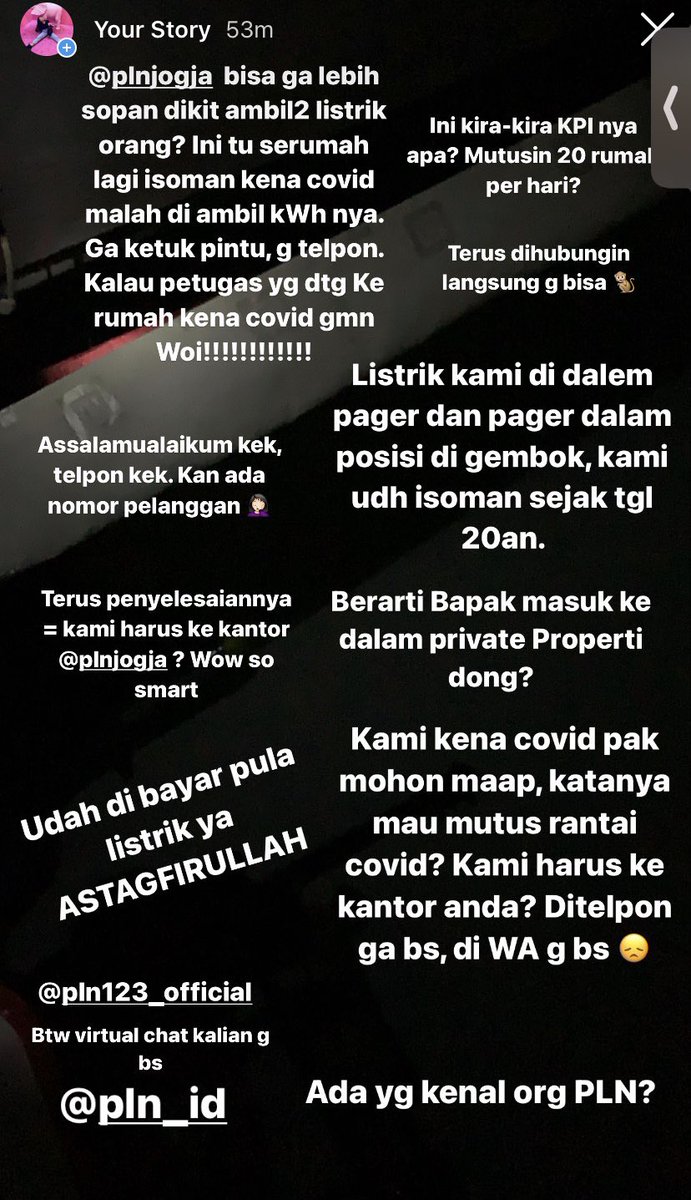 dwianafiqhi's tweet photo. Kayaknya akun Twitter tu emg buat komplen ya🤦🏻‍♀️ hai @pln_jogja boleh ga balikin listrik rumah saya? sudah bayar hingga hampir 1.3 juta tapi listrik tetap di putus &amp; diambil. Kami sekeluarga positif covid. Gimana ya caranya? Di telpon g bs, di chat g bales #PLNJOGJA #PLN @pln_123 https://t.co/nmTDjrXD0R