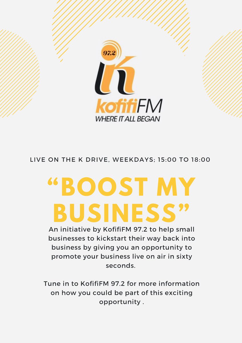 KofifiFM_972's tweet photo. Don’t miss #TheKDrive with @HonourableSeeti to find out how you can be part of the #BoostMyBusiness drive. Let us kickstart you back into business. https://t.co/ZSecmpTd2P