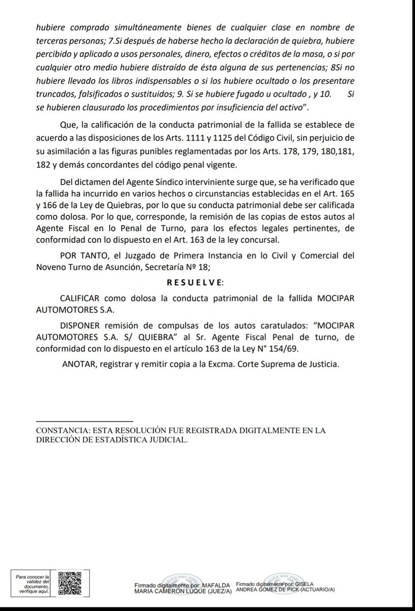 MirnaAlf's tweet photo. #QuiebraMocipar AUTOMOTORES es calificada como DOLOSA como corresponde. La justicia tarda pero llega. Inmensa satisfacción @DMocipar seguimos en la lucha.Falta calificación de Quiebra Mocipar PROPIEDADES con igual ModusOperandi enajenaron bienes. @PoderJudicialPY @MinPublicoPy https://t.co/Wfup0cfws6
