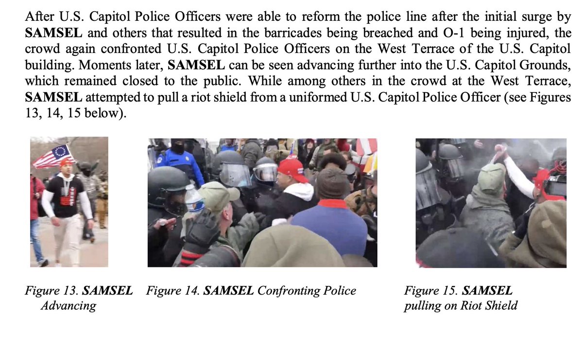 3/ SAMSEL then shows up on the West  #Capitol Terrace, again squaring up against with officers, at one point per the charges he is seen pulling on one of their riot shields.