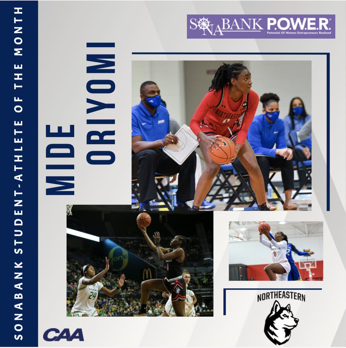 CAASports's tweet photo. A we flip the 🗓 to February we have to recognize our January @Sonabank P.O.W.E.R. Student-Athlete of the Month

@GoNUwbasketball's Mide Oriyomi has made a big impact as a member of the #CAAFamily United For Change Executive Committee https://t.co/PGlIKVWho3