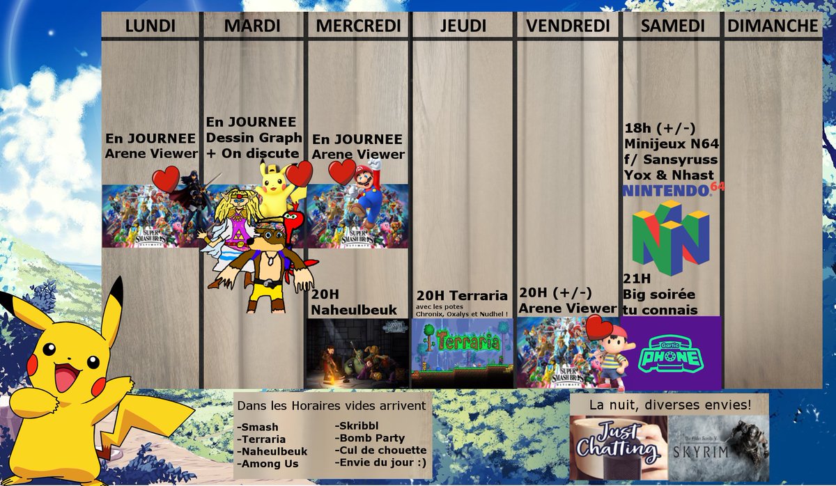 ***PLANNING*** 
Du lundi 1 février au dimanche 7 février 
💛

*** twitch.tv/So_Live_ ***