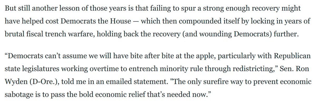 Dems keep saying they learned the lessons of 2009-2010.Okay, but those lessons are also that:1) scaling down ambition to chase bipartisanship doesn't stave off midterm losses, and 2) losing the House means a much slower recovery.So go big now: https://www.washingtonpost.com/opinions/2021/02/01/gop-gerrymandering-biden-agenda-stimulus/