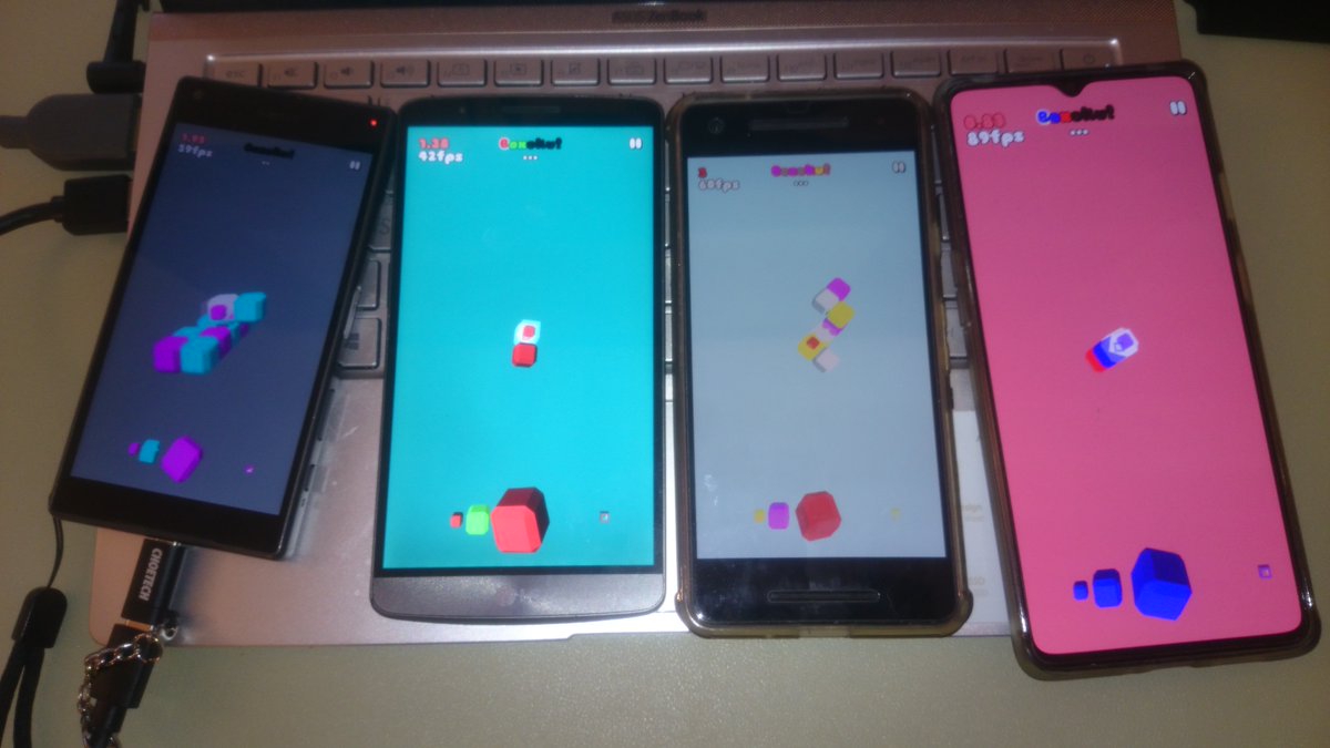 BoxokuGame's tweet photo. Testing Boxoku! on various Android phones... Sony Xperia Z5 Compact, LG G3, Pixel 2 and One Plus 7T. All work on various Android versions thanks to the magic of #GodotEngine. Photo taken with a very tired Sony Xperia Z1 Compact. #indiedev #gamedev https://t.co/MgEZwi8rEU