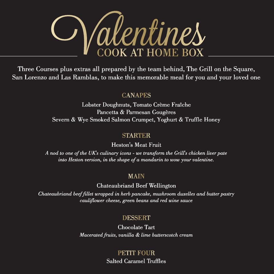 Enjoy a luxury restaurant menu at home this #Valentine’s Day 

Our ‘Cook at Home’ box comes fully prepared by the fantastic chefs behind <a href="/GrillOnTheSq/">Grill On The Square</a> <a href="/SanLorenzoVenue/">San Lorenzo Italian</a> &amp; <a href="/LasRamblasUK/">Las Ramblas</a>, along with instructions to finish and serve for your loved one at home

charlieadamsgroup.co.uk/valentines-coo…