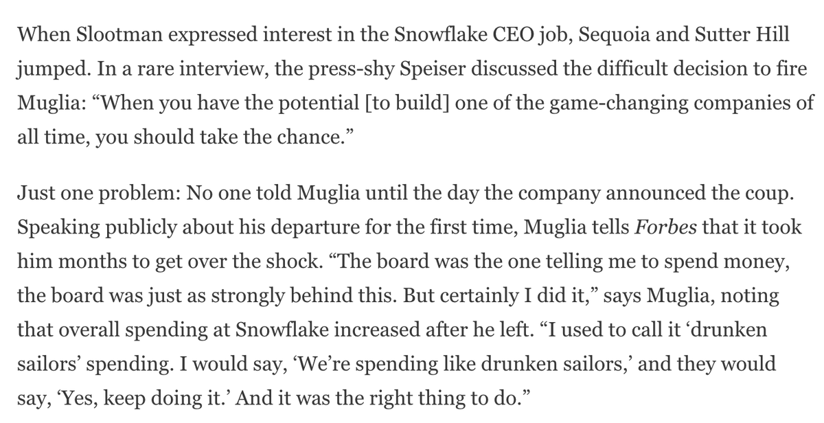 Sequoia / Sutter Hill jumped at the chance to have him take over as CEO of Snowflake, blindsiding prior CEO