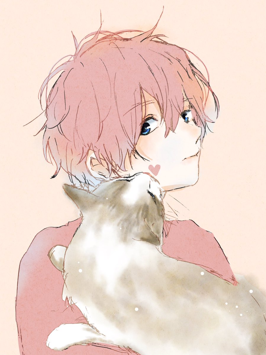 1boy cat male focus blue eyes pink hair heart solo  illustration images