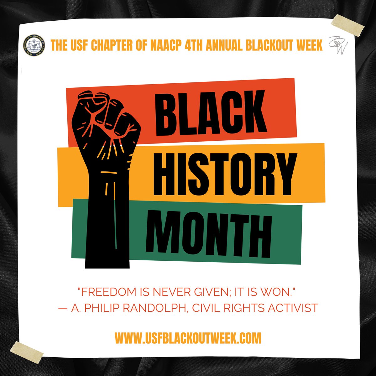 USFBlackOutWeek's tweet photo. The USF Chapter of NAACP 4th Annual Blackout Week Committee would like to wish everyone a Happy Black History Month as we celebrate our rich culture! https://t.co/9KZ3Hlh2AZ