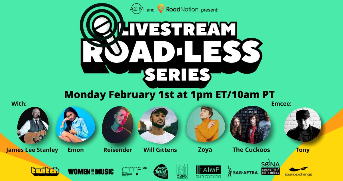 Take a break or start your day off right with some fantastic #indiemusic, courtesy of @a2im and @Road_Nation's #RoadLess #Livestream series! Be sure to tune in at 1 pm ET: twitch.tv/roadnationoffi…