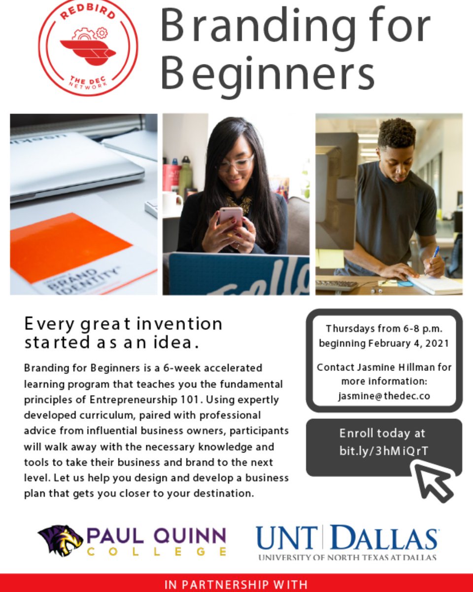 New business and want to learn how to brand yourself and your brand?  Join this program by the @RedbirdEC, in partnership with <a href="/UNTDallas/">UNT Dallas</a>, and @PaulQuinnTigers #Community #Entrepreneurship #Branding
docs.google.com/forms/d/e/1FAI…