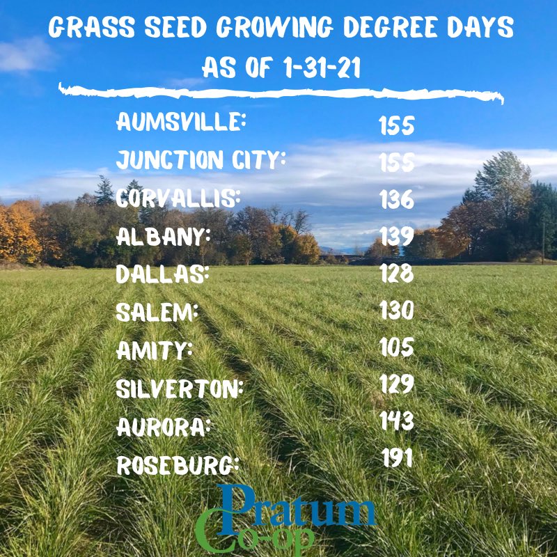 Pratum Co-op (@pratumcoop) on Twitter photo On average we are roughly 3 days behind 2019 for growing degree days but are still on track to hit 200 by roughly February 20th. 
#OrAg #GrassSeed #YourLocalCoop On average we are roughly 3 days behind 2019 for growing degree days but are still on track to hit 200 by roughly February 20th. 
#OrAg #GrassSeed #YourLocalCoop