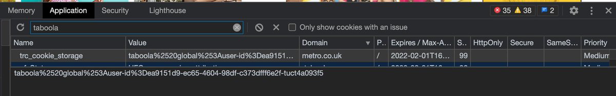The first party identifier.Yes - while the way Taboola works does allow it to serve what browsers view as first party cookies/storage data (see screenshots), they are (IMO) just third party trackers saved in first party context